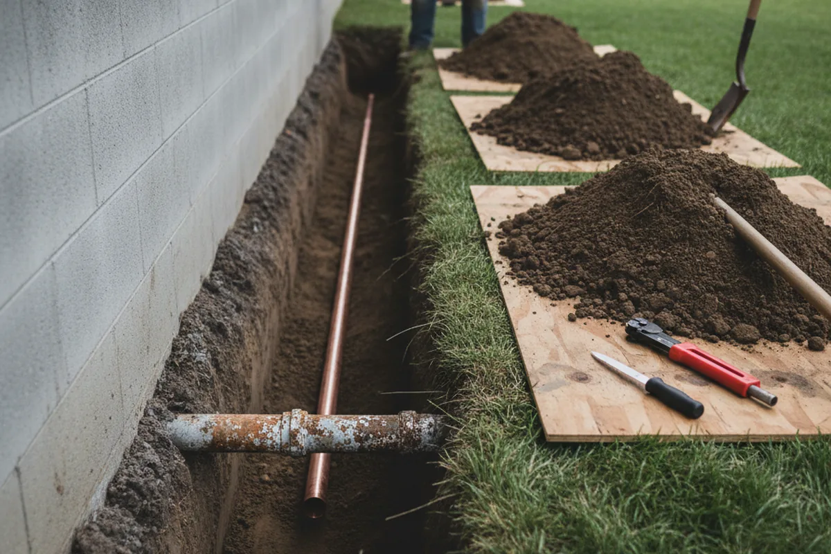 Excavated water line trench during Water Softener Installation in Morrisonville